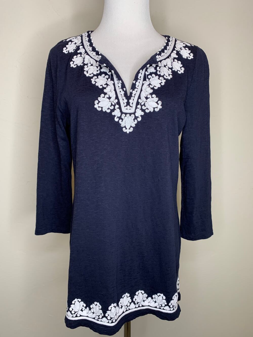 Talbots Blue White Trim Popover Top Sz Small Cotton Preppy Coastal